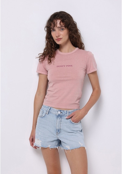 Colins Slim Fit Yuvarlak Yaka Baskılı Kadın Pembe Kısa Kol Tişört Cl1074569 Q1.v1 Dup Pembe