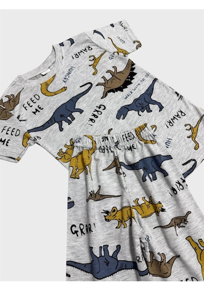 Aliş Kids Erkek Çocuk Pamuklu Gri Dinozor Desenli Kısa Kollu Şortlu Yazlık Pijama Takımı