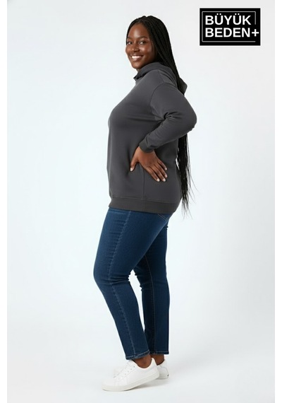 Süperlife Kadın Büyük Beden Kapşonlu İnce Sweatshirt Spr24bswk57 Füme