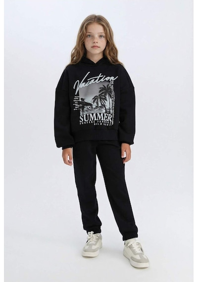 DeFacto Kız Çocuk 2'li Takım Kapüşonlu Baskılı Sweatshirt Beli Lastikli Jogger Alt D2219A824WNBK81 Siyah