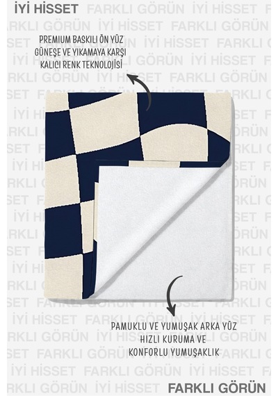 Damalı Dalgalı Modern Plaj Havlusu - Lacivert Ekru Minimalist Hızlı Kuruyan Mikrofiber Havlu Sedef Melisa