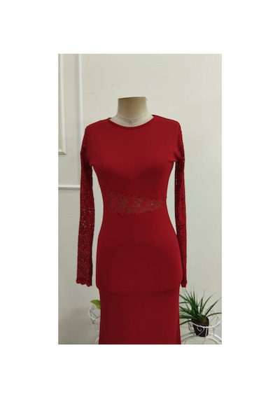 Butik İstanbul Kadın Uzun Kollu Bisiklet Yakalı Dantel Detaylı Uzun Janjan Krep Elbise Kırmızı