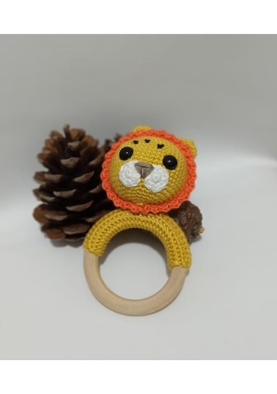 Yenidoğan Aslan Çıngırak Amigurumi Örgü Diş Kaşıyıcı Ham Ahşap Or Çok Renkli
