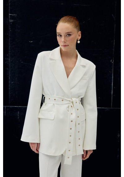 Sateen Serana Kuşak Detaylı Ceket - Ekru-137074 Ekru