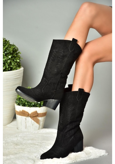 Fox Shoes R973934002 Siyah Süet Alçak Topuklu Kadın Çizme Siyah