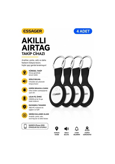Essager 4 Adet Set Akıllı Smarttag Apple iPhone Uyumlu İos Konum Bulucu Anahtar Çanta Valiz