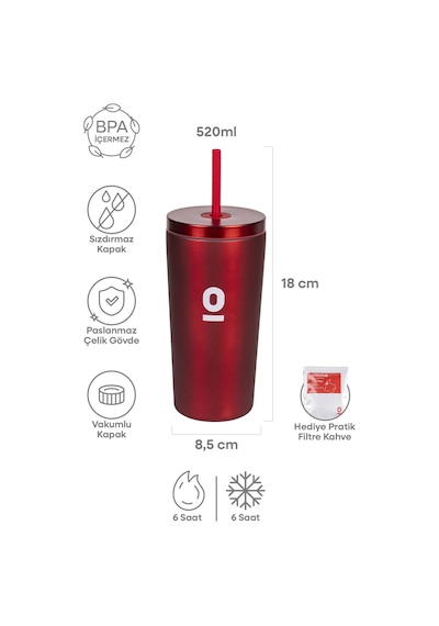 Kırmızı Metal Paslanmaz Çelik Pipetli Termos 520 ML Kapaklı No:95