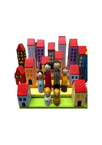 Ahşap Dekoratif Peg Ailesi Ve Kule Ev Şehir Boyama Seti 12 Farklı
