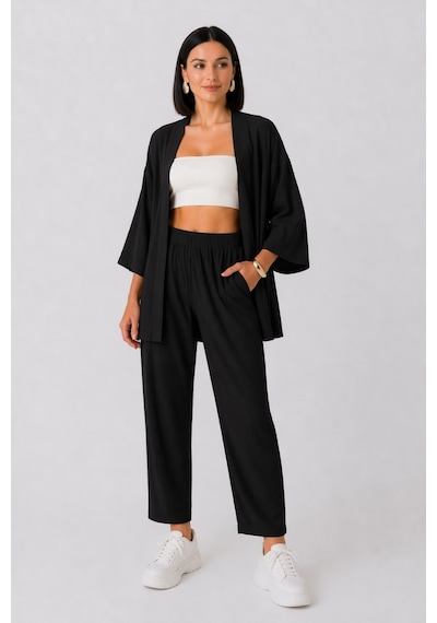 Trend Alisse Boru Paça Kimono Kadın Alt Üst Takım Siyah