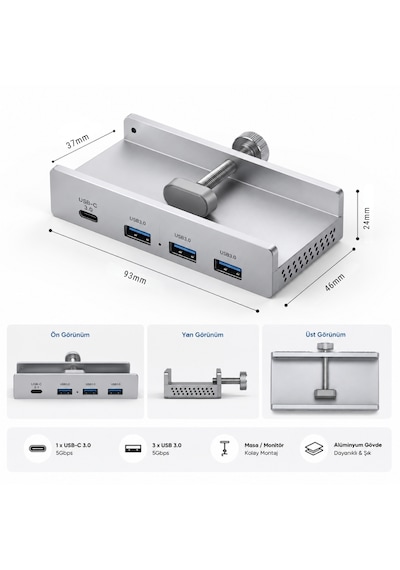 Alfais 6081 Alüminyum 4 Port Çoklayıcı Usb 3.0 Type C Hub 5gbps Veri Aktarım Güç Destekli Dock Çoğal