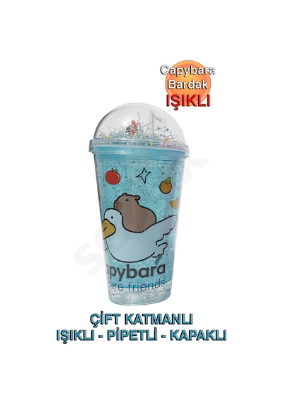 Capybara Çift Cidarlı, Işıklı, Pipetli, Kapaklı Bardak Mavi