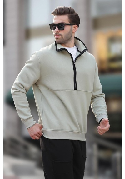 Madmext Çağla Yeşili Dik Yaka Yarım Fermuarlı Sweatshirt 7079 Yeşil