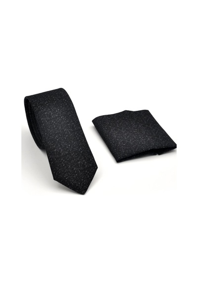 Gaffy Füme Kırcıl Desenli Siyah Dokuma Kumaş Mendilli Slim Fit Kravat // Sdk230916 Desenli