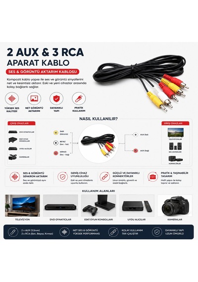 Krt-1134 Aparat Kablo - 2 Aux Ve 3 Rca Bağlantılı- 15'li Paket Diğer