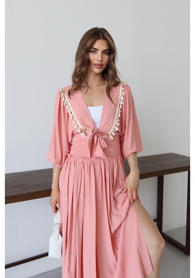 Neşeli Butik Kadın Püskül Detaylı Yırtmaçlı Bohem Takım Nbnp015 Pembe