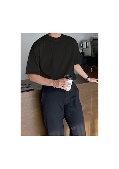Tarz Cool Erkek Bisiklet Yaka %100 Pamuk T-shirt Siyah
