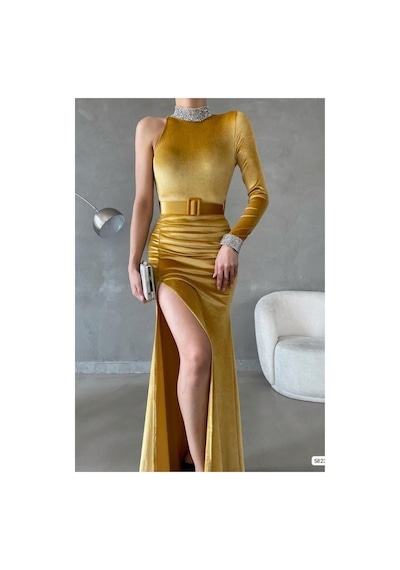 DefyModa Kadın Zarif Tasarım Esnek Saten Kumaş Tek Omuz Yırtmaçlı Abiye Elbise Sarı