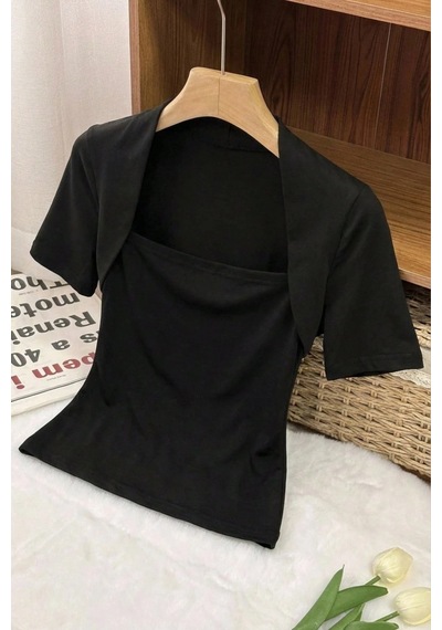 Kadın Haki Kuğu Yaka Slim Kısa Kollu Fit Crop Bluz Siyah
