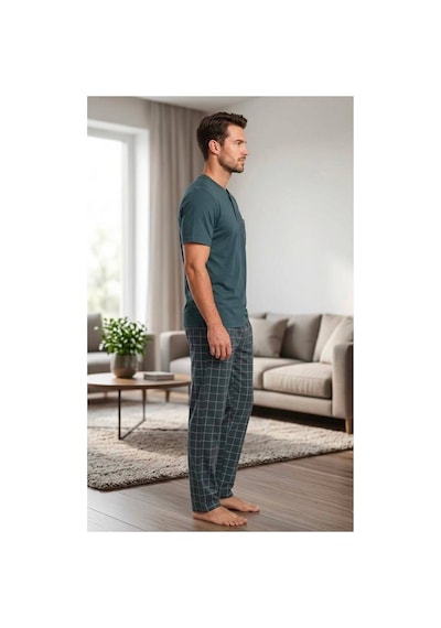 Pijamask Erkek Antrasit Ekose Desenli Cepli Düğmeli Kısa Kollu Pijama Takımı Antrasit