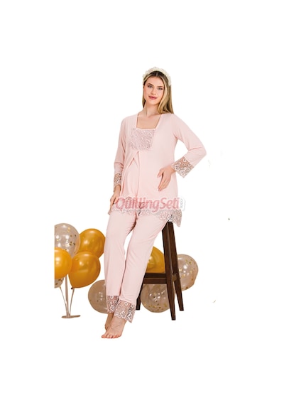Lady Bebe Pembe Renkli Dantel Detaylı, 33203 Uzun Kol, 2 Parça Lohusa Hamile Pijama Takımı Açık Pembe