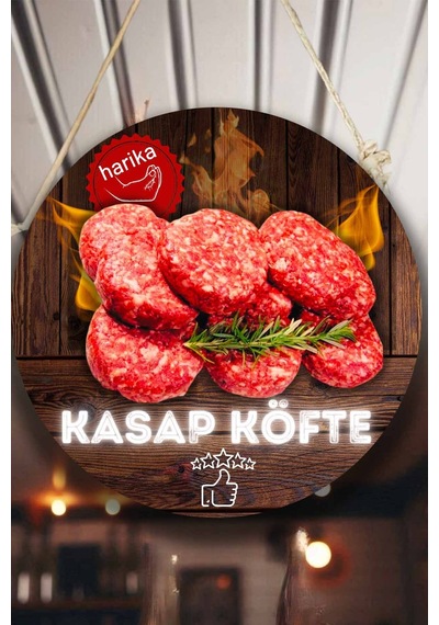 Kasap Dükkanı Cam Kapı Pano Karşılama Tabelası, Kasap Köftesi Askılı Dükkan Süs Tablo Dekoru