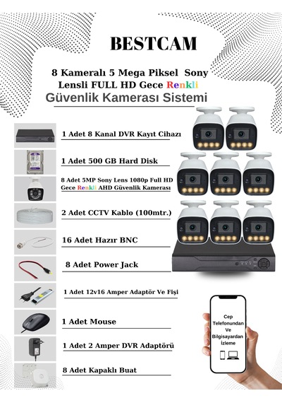 8 Kameralı Set 5 Mp Sony Lensli Full Hd Gece Renkli Set 500gb Hdd