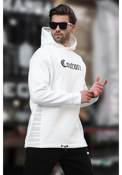 Madmext Ekru Kapüşonlu Baskılı Erkek Sweatshirt 7090 Ekru
