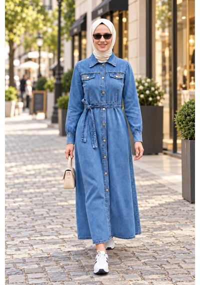 Hb Harma Time Butik Kadın Düğmeli Boncuk İşlemeli Kuşaklı Kot Mavi Elbise