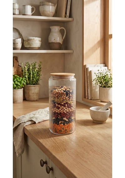 Bambu Vakum Kapaklı Cam Saklama Kabı 1350 Ml Fitilli Cam Kavanoz Kuru Gıda Saklama Kabı Çok Renkli