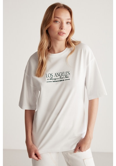 Grımelange Janna Kadın Şehir Temalı Ön Ve Arka Baskı Detaylı Oversize Fit Bisiklet Yaka Beyaz / Yeşil T-shirt