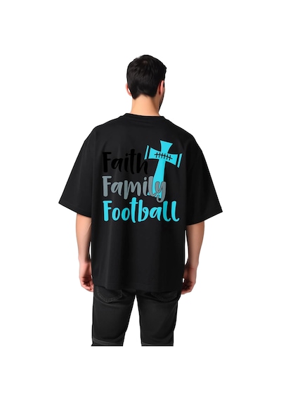 Paybuy Erkek Oversize Tişört İman Aile Futbol Grafik Baskılı %100 Pamuk Siyah