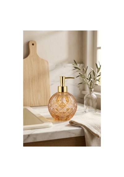 Boby Diamond Küre Cam Sıvı Sabunluk Gold Pompalı Kristal Desenli Dekoratif Banyo Ve Mutfak Dispenseri - 16 Cm X 10 Cm - 500ml - Turuncu