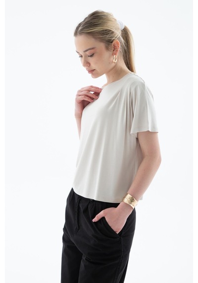 Fashion Friends Dökümlü Viskon Crop Bluz Taş Taş