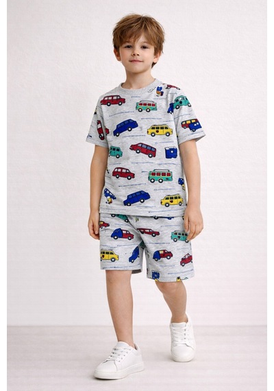 Beka Kids Erkek Çocuk Kısa Kollu Bisiklet Yaka Desenli Pijama Takımı Alt-üst Takım Gri