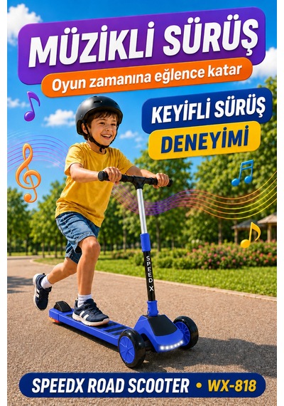 Mavi Işıklı Müzikli Speedx Road Scooter Wx-818 3 Tekerlekli Çocuk Scooterı Geniş Dokulu Taban