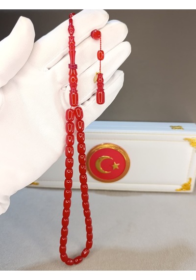 Sıkma Kehribar Tesbih Kırmızı Renkli