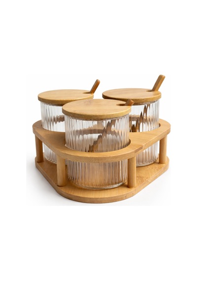 3 Lü Cam Baharatlık Seti Kaşıklı Bambu Standlı, Cam Baharat Kavanozu 8x8 Cm Şeffaf