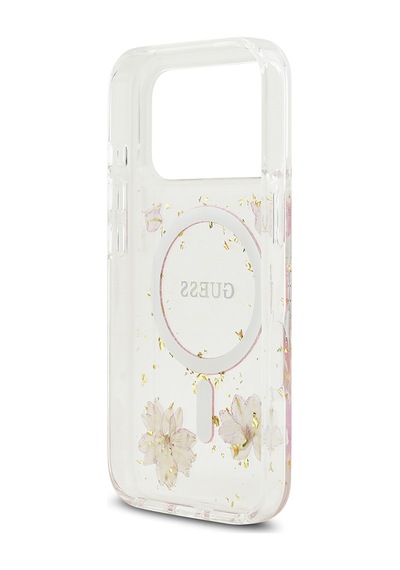 Apple Uyumlu iPhone 17 Pro Kılıf Guess Lisanslı M-safe Şarj Özellikli Transparan Resin Flowers Kapak Pembe Pembe