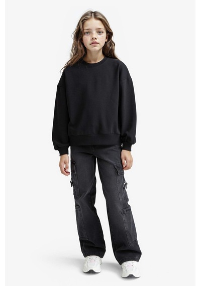 Defacto Kız Çocuk Relax Fit Bisiklet Yaka Slogan Baskılı 2li Sweatshirt E6473a825aubk81 Siyah