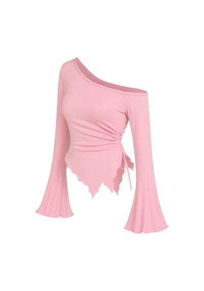Wild Flower Pembe Uzun Kollu Asimetrik Yaka Drapeli Yan Bağlamalı Bluz Üst Pembe