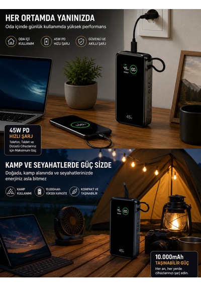 10000mah Powerbank Pd 45w Hızlı Şarj Dijital Ekranlı Dahili Type-c Kablolu Taşınabilir Şarj Cihazı Siyah