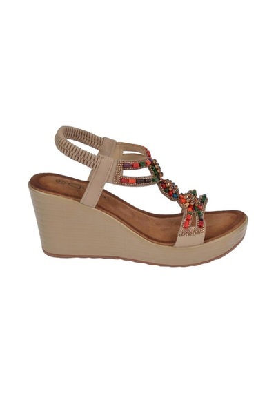 Guja 25y155 Kadın Taşlı Dolgu Topuklu Lastikli Comfort Sandalet Bej Siyah