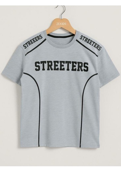Ekkokids Çocuk Streeters Yazılı Pamuklu Oversize T-shirt-16015 Gri