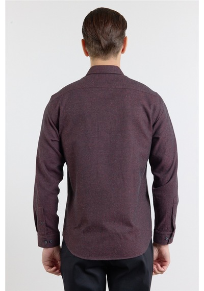İmza Bordo - Siyah Düğmeli Yaka Uzun Kol Cepsiz Slim Fit Pamuklu Gömlek 1004255233