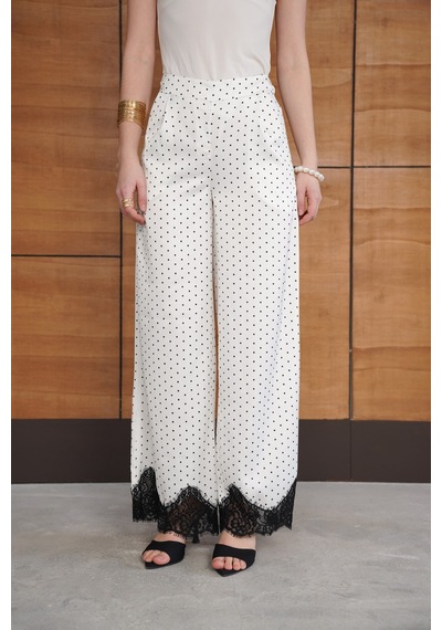 Verymoda Puantiyeli Paçası Dantelli Saten Pantolon D2970 Krem