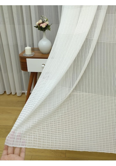 Enine Çizgili Tül Perde, 350x260, Sık Pile, 1/3 Çok Renkli