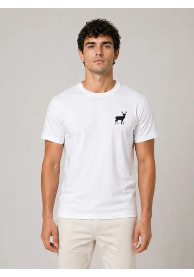 Modi Erkek Minimal Geyik Logolu Tişört Bisiklet Yaka Kısa Kol Yazlık T-shirt - Beyaz Açık Beyaz