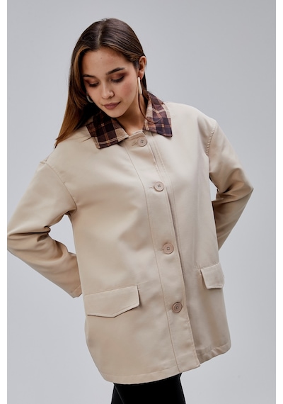 Mia Vizon Ekose Yaka Cepli Oversize Trençkot