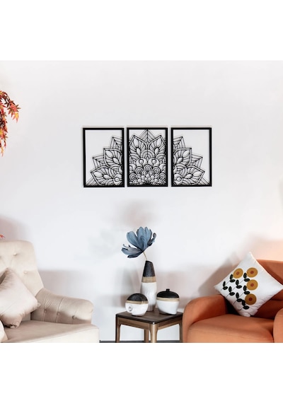 Mandala Metal Tablo 3'lü Yatay Set Detaylı Sanat Duvar Dekoru