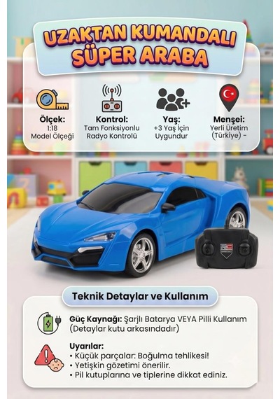 Uzaktan Kumandalı Süper Araba 1:18 Ölçekli 4 Fonksiyonlu Radyo Kontrol Sistemli Oyuncak Araba Mavi
